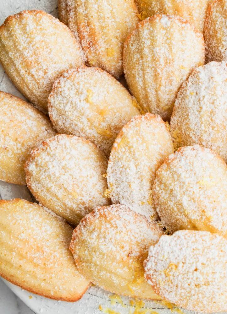 madeline-cookies-dusted-with-powdered-sugar-on-a-white-plate