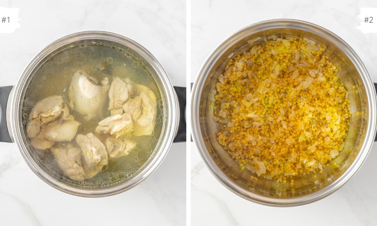 boiling boneless and skinless chicken thighs in a pot with water and separate large pot of couscous and onion.