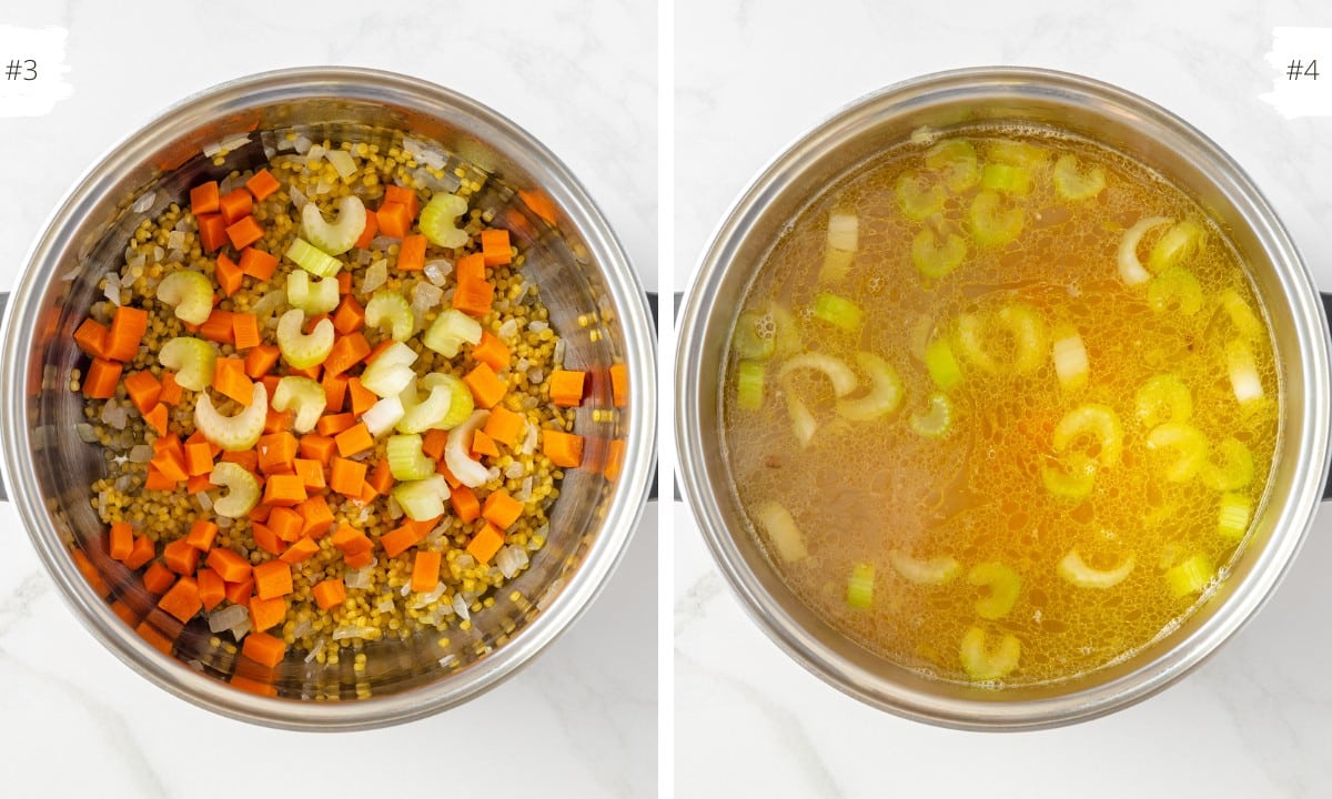 large stainless steel pot with couscous chopped onion celery and carrots and a another pot with water and celery. 