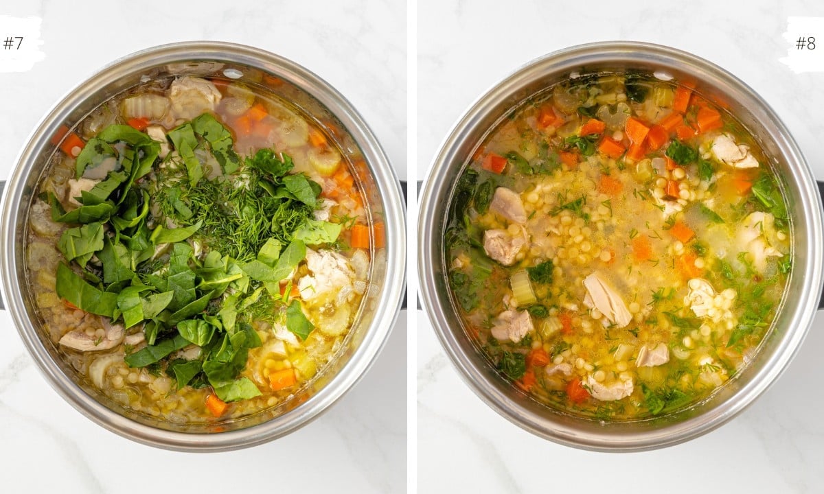 large soup pot with chicken couscous with vegetables and fresh chopped spinach and dill in chicken broth.