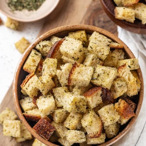 Croutons top view, ready to eat with soup or a salad.