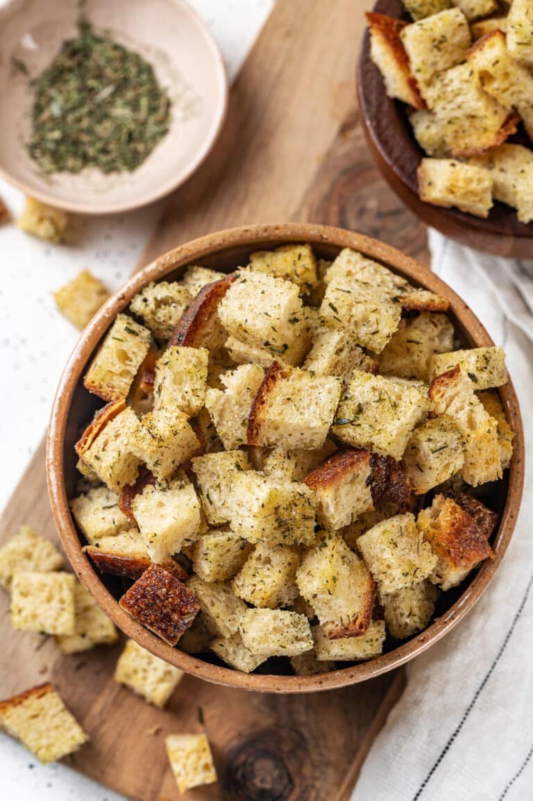 Croutons top view, ready to eat with soup or a salad.