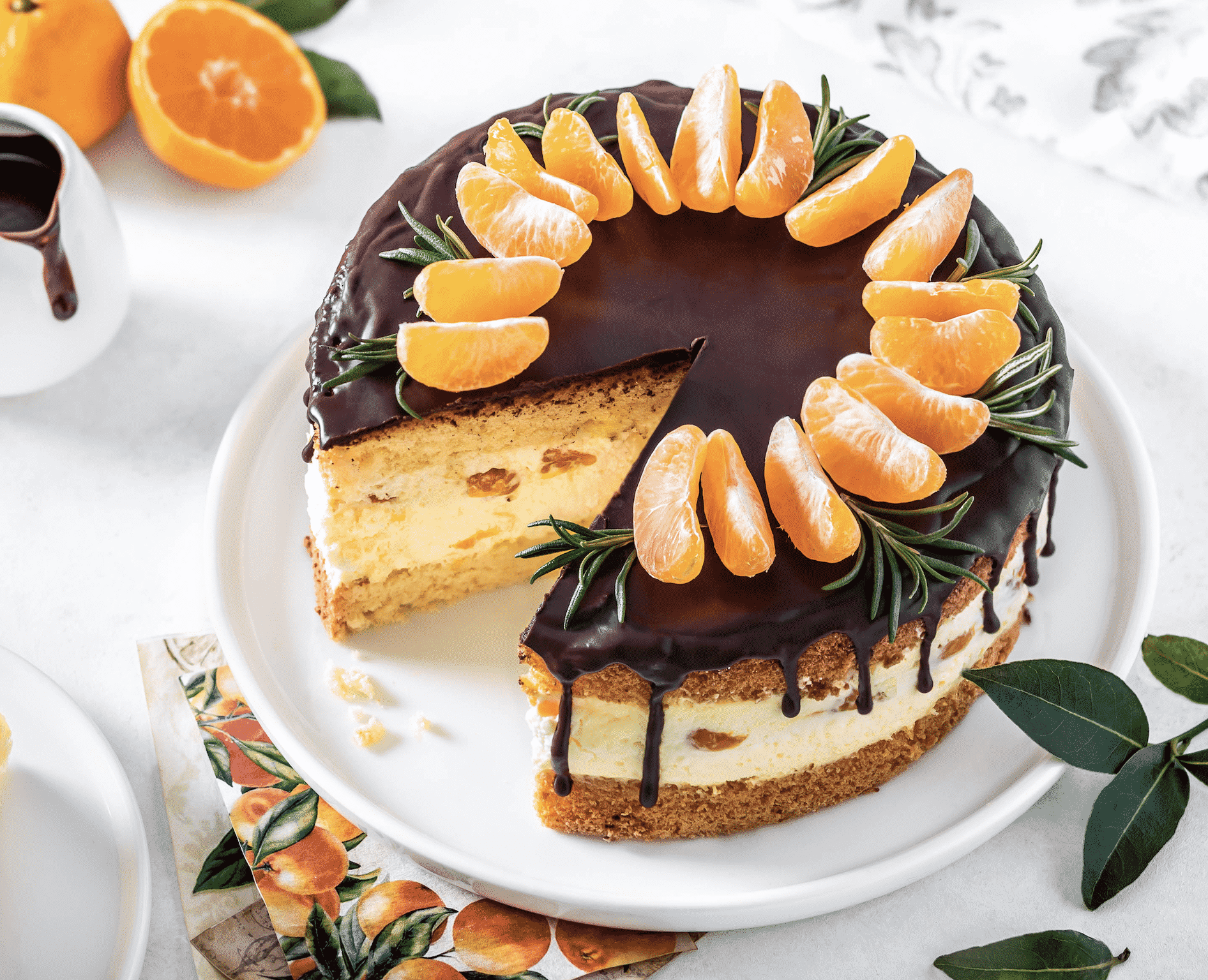 Mandarin Orange Cake with Citrus Mousse and Chocolate Ganache