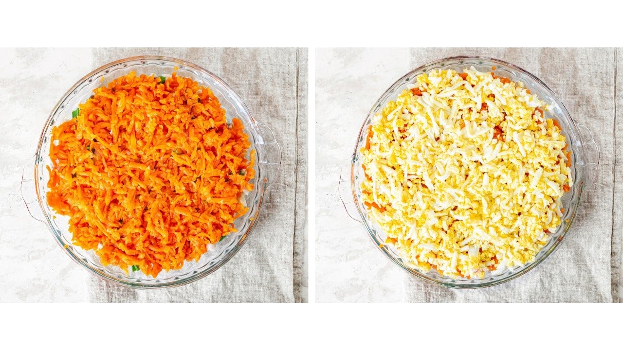 grated orange carrots on top of green onion and mayonnaise in a glass dish and top carrot grated boiled eggs. 