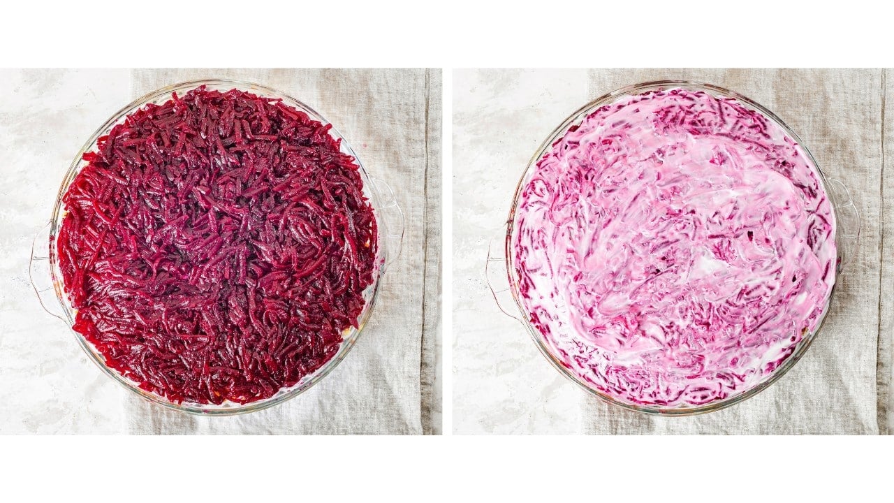 grated boiled beets on top of boiled eggs in a glass dish with spread of  mayonnaise on top of the beets. 