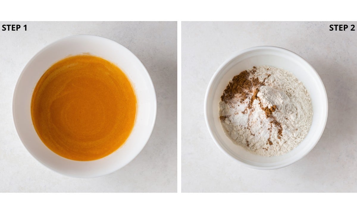 pumpkin muffin puree in a white bowl and flour with spices in a different white bowl.