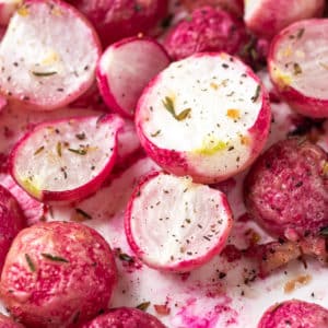 close up of halved and baked radishes.