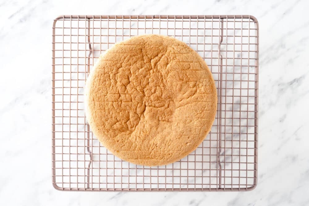 Baked cake layer on a wire rack.