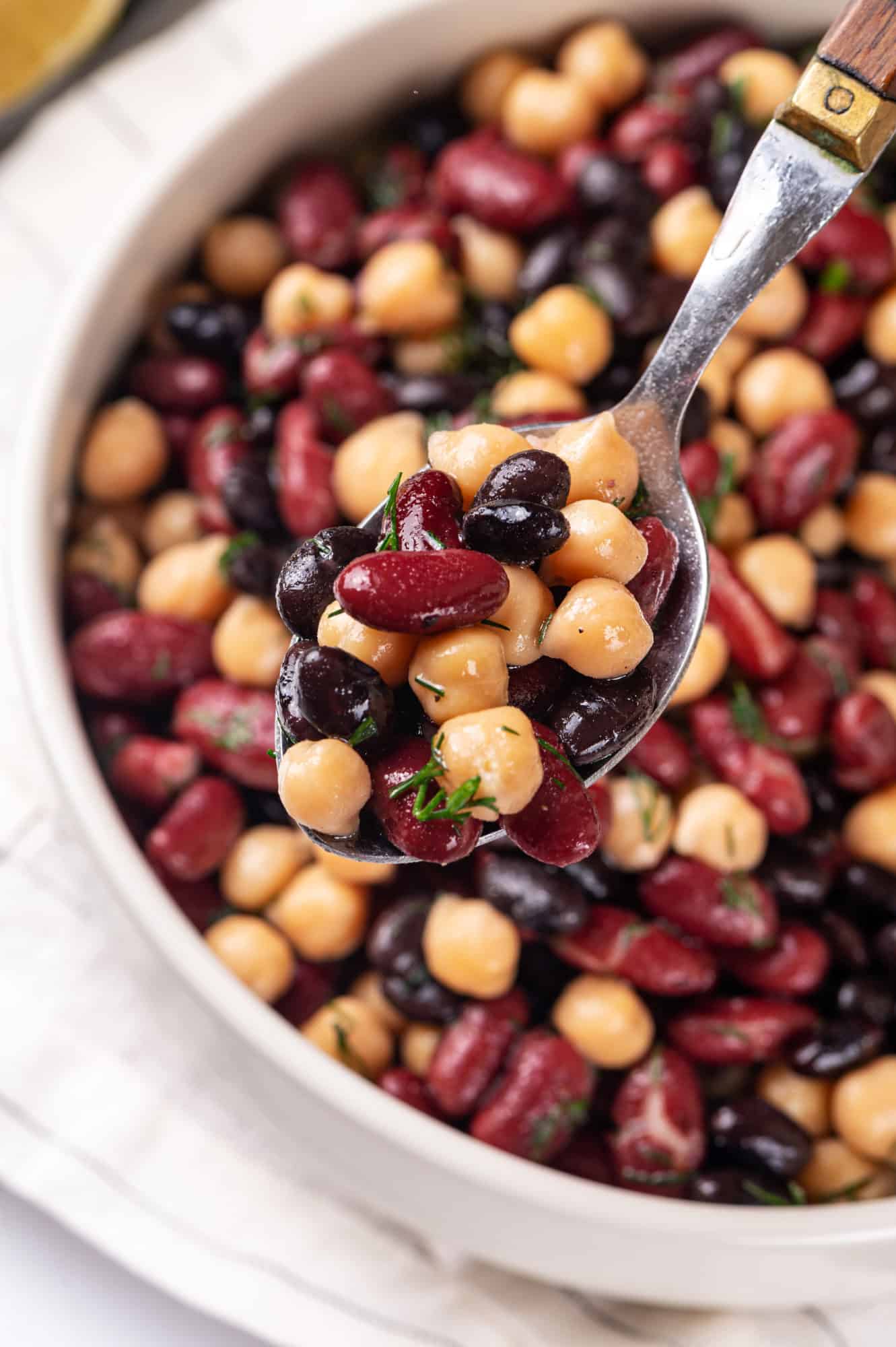 Simple and Easy Bean Salad bean-salad-in-a-white-bowl-and-close-up-on-a-spoon