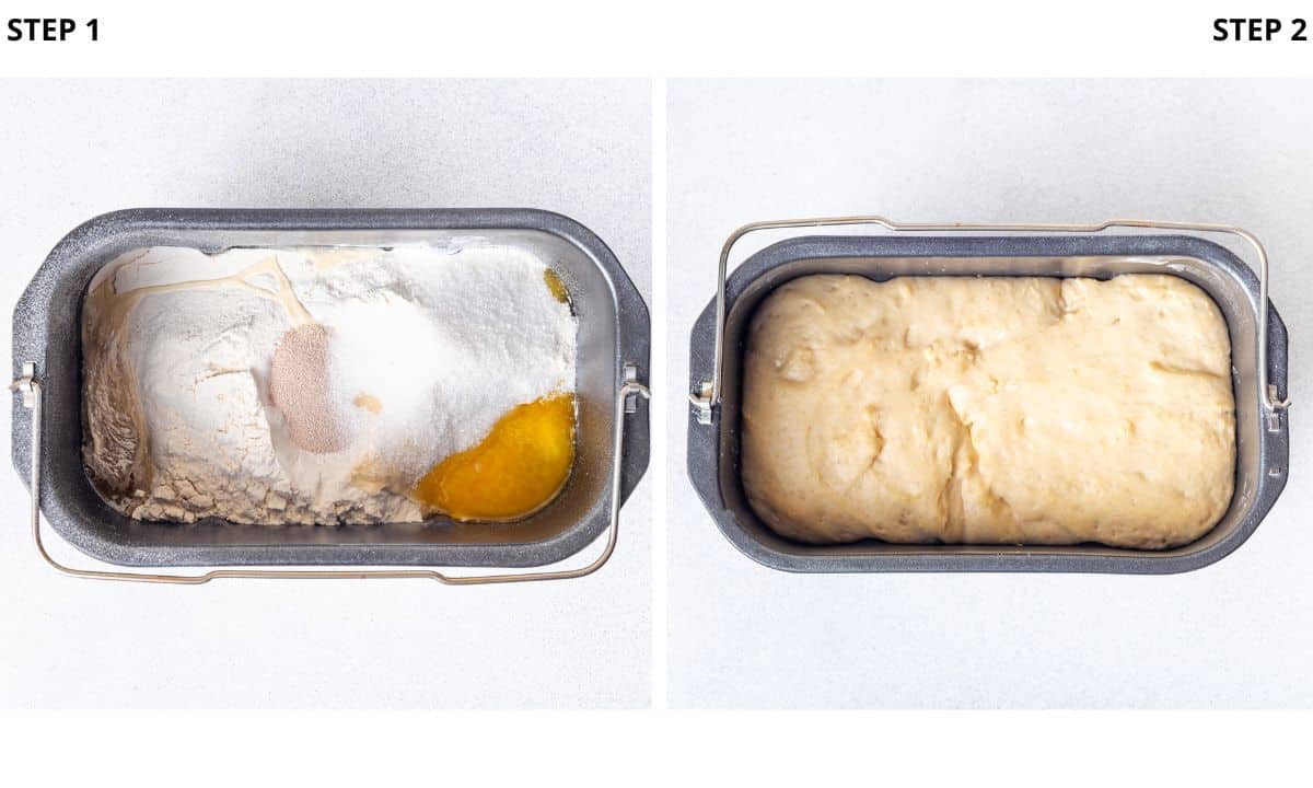 On the left, easter bread ingredients in a bread machine bucket. On the right, easter bread dough in a bread machine bucket. 