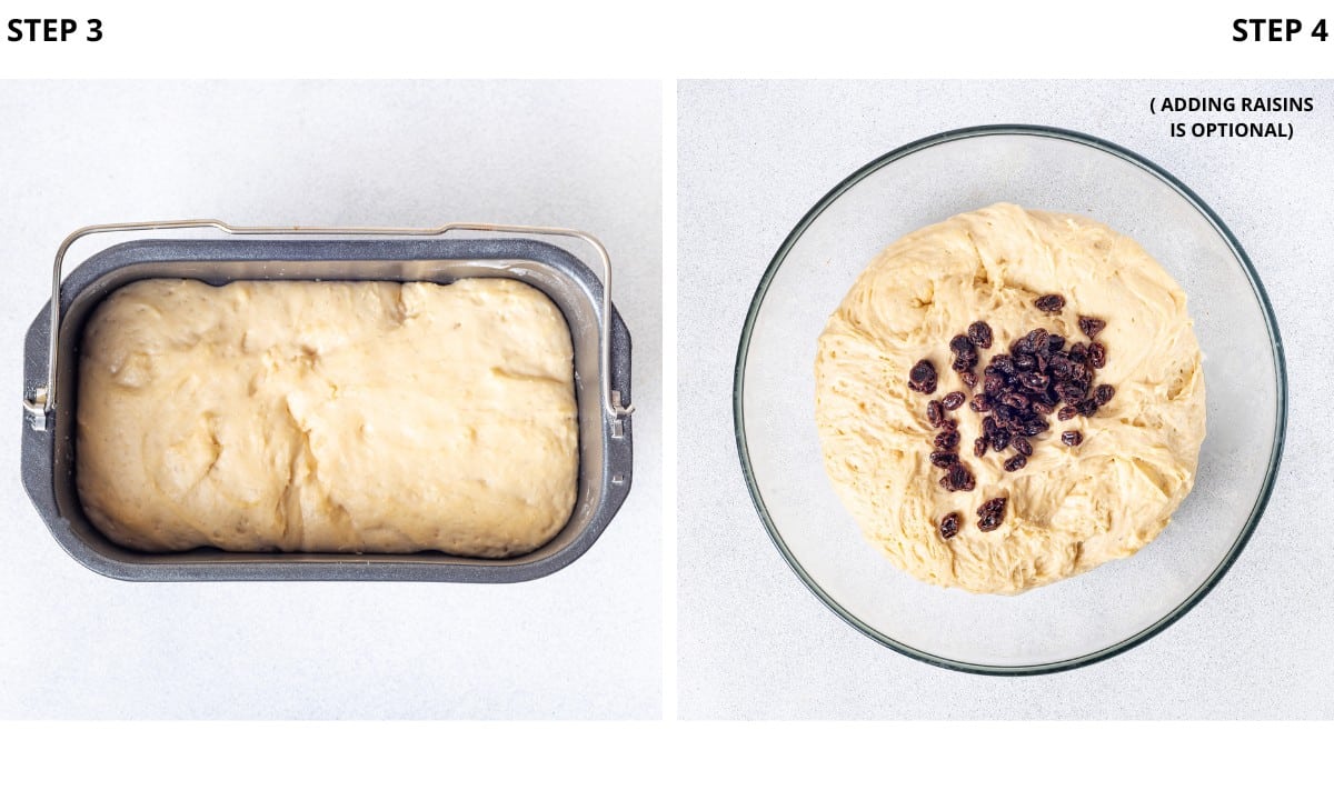 bread machine grey bucket with easter bread dough and bowl of dough with raisins.