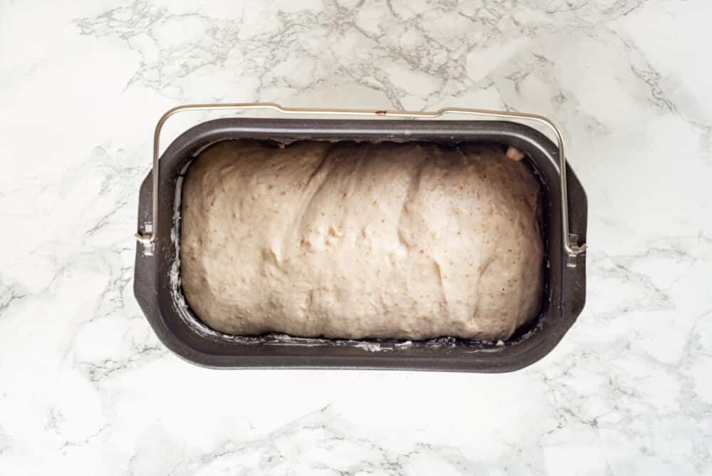 Risen dough in a bread machine basket.