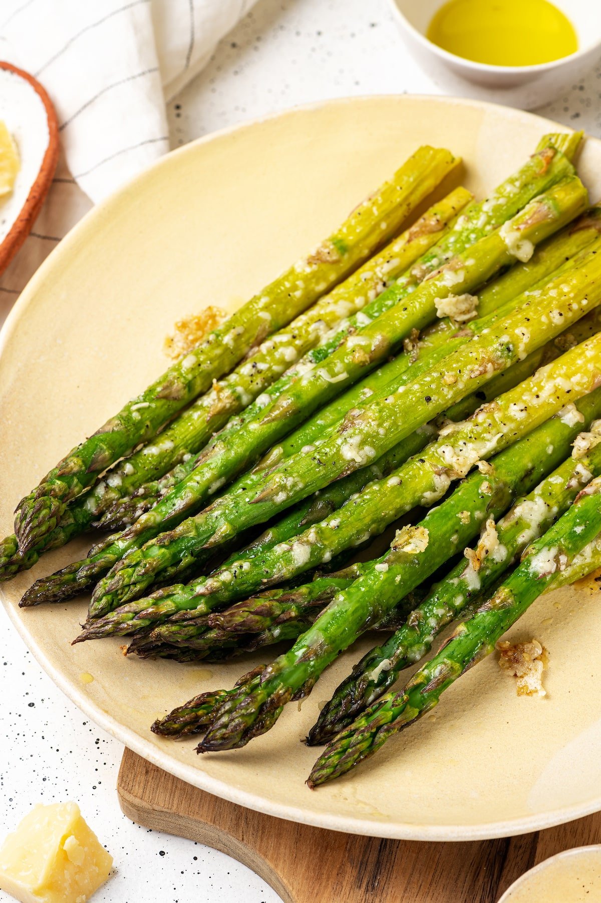 Roasted asparagus with parmesan cheese melted and garlic powder salt and pepper. 