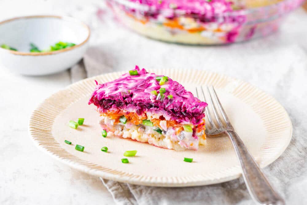 Simple Traditional Herring Salad with Layered Vegetables