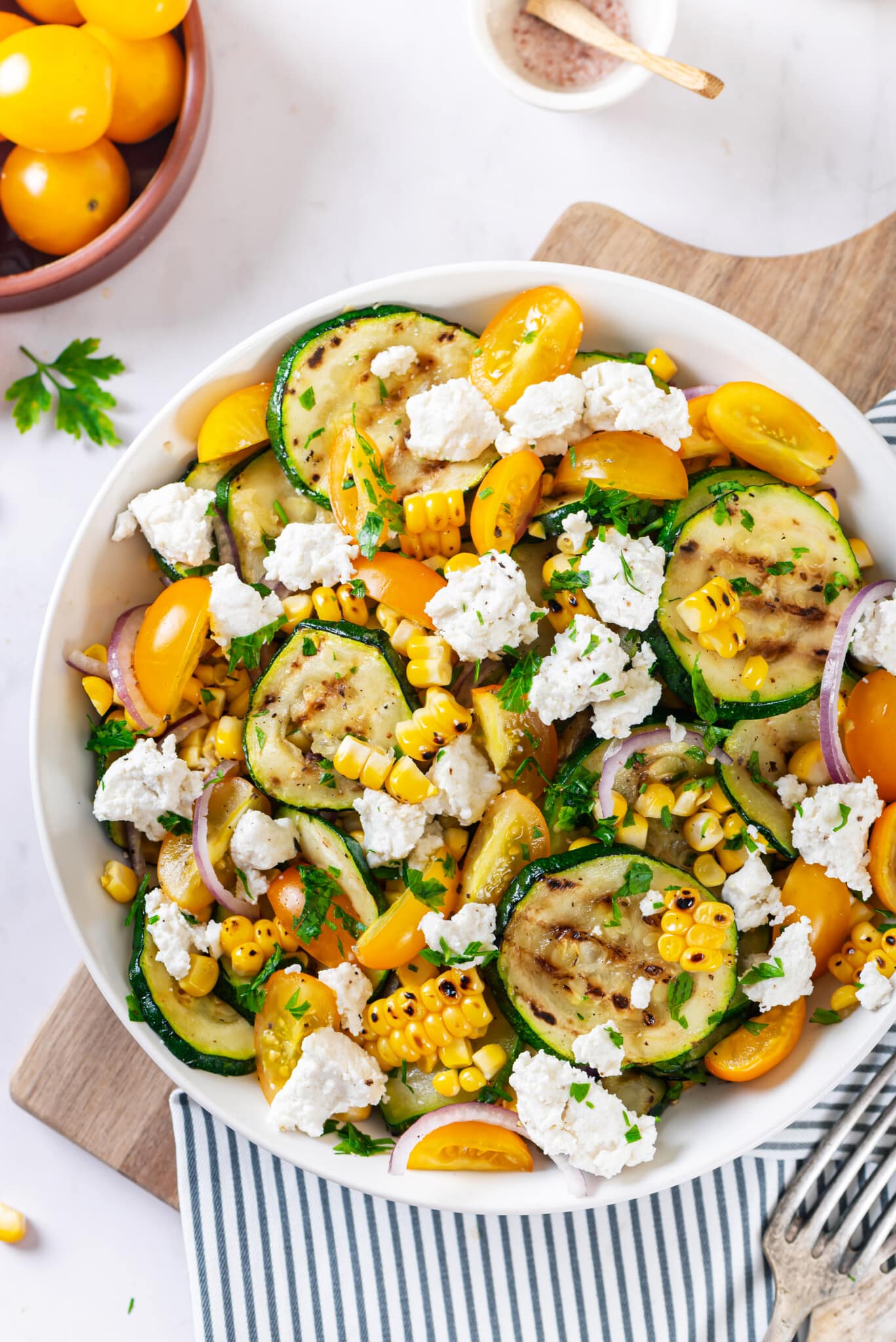 20 Minute Grilled Zucchini Salad with Corn and Cheese