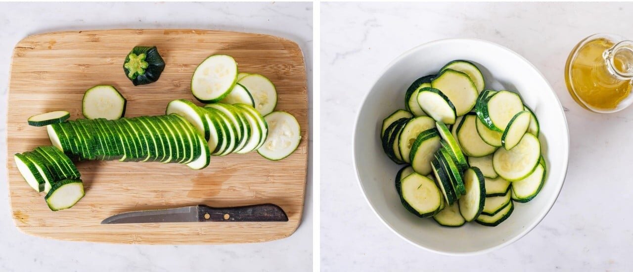 Sliced zucchini on a cutting board and sliced zucchini in a bowl with olive oil on the side. 