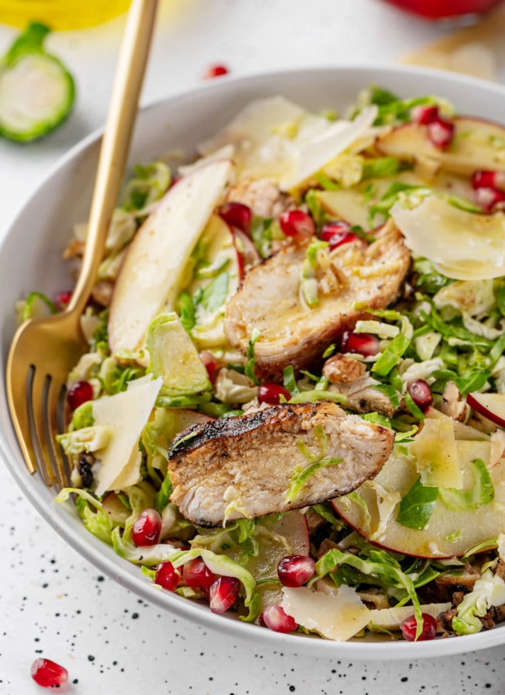 Shaved Brussel Sprouts with Chicken Salad and Fruit and Dijon Mustard Dressing