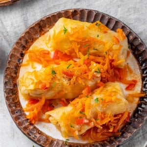 cabbage-rolls-on-a-brown-rimmed-plate