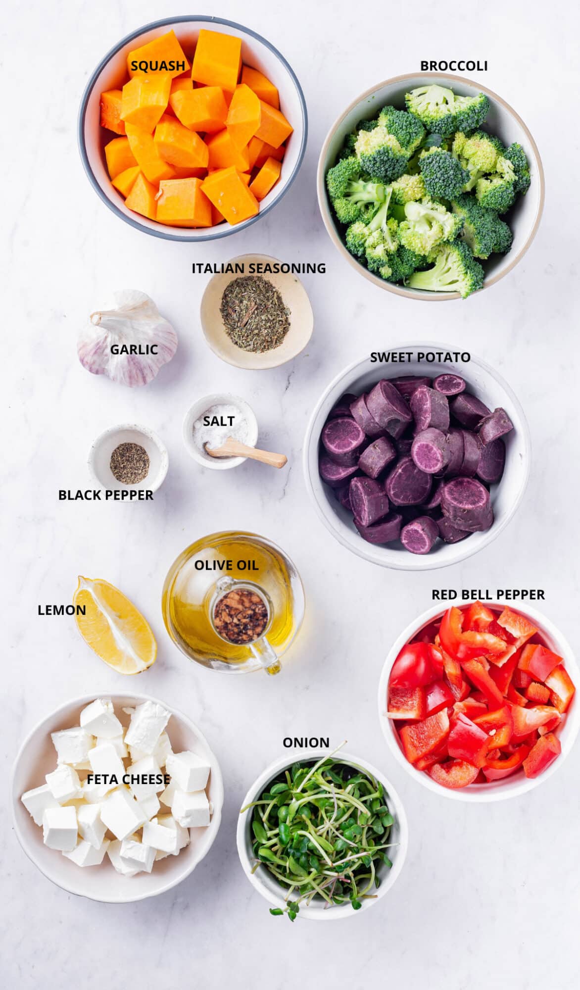 Roasted Vegetables in the Oven with Easy Roasted Garlic Lemon Dressing roasted vegetables ingredients laid out