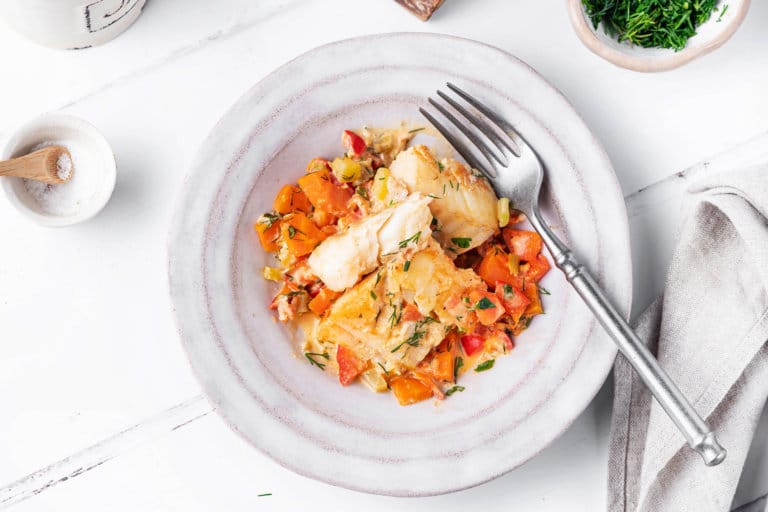 One Pan Oven Baked Fish with Vegetables and Spices