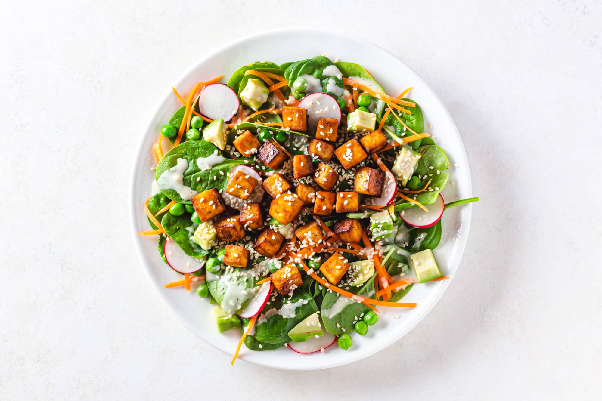 Crispy tofu atop a bed of chopped veggies on a white plate.