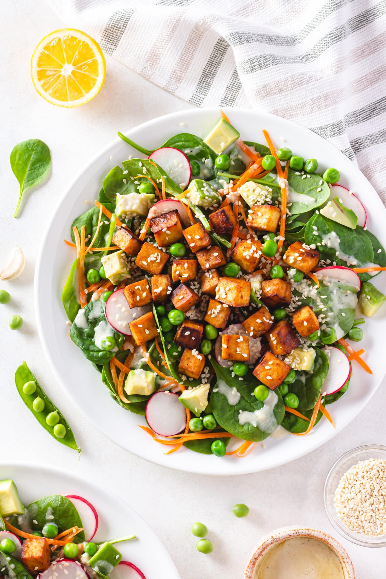 A plate of tofu salad with marinated baked tofu blocks atop a bed of veggies.