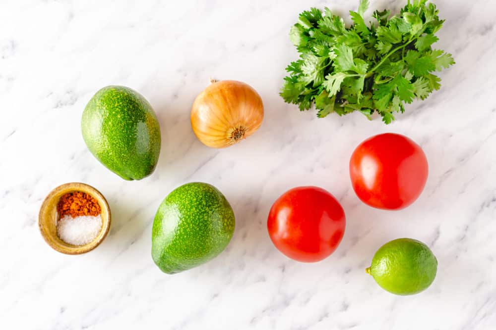 avocado-dip-ingredients-cilantro-tomatoes-avocado-onion-lime-chili-powder-salt