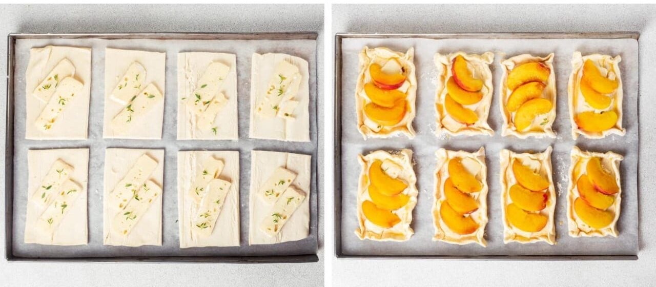 A baking tray with puff pastry squares with brie, thyme, and peaches on it. 
