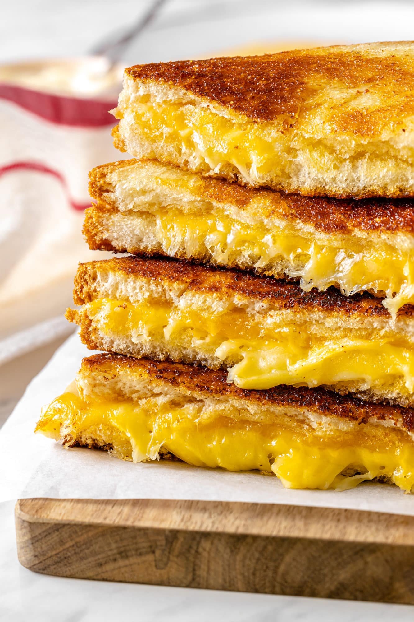 stacked grilled cheese sandwiches.