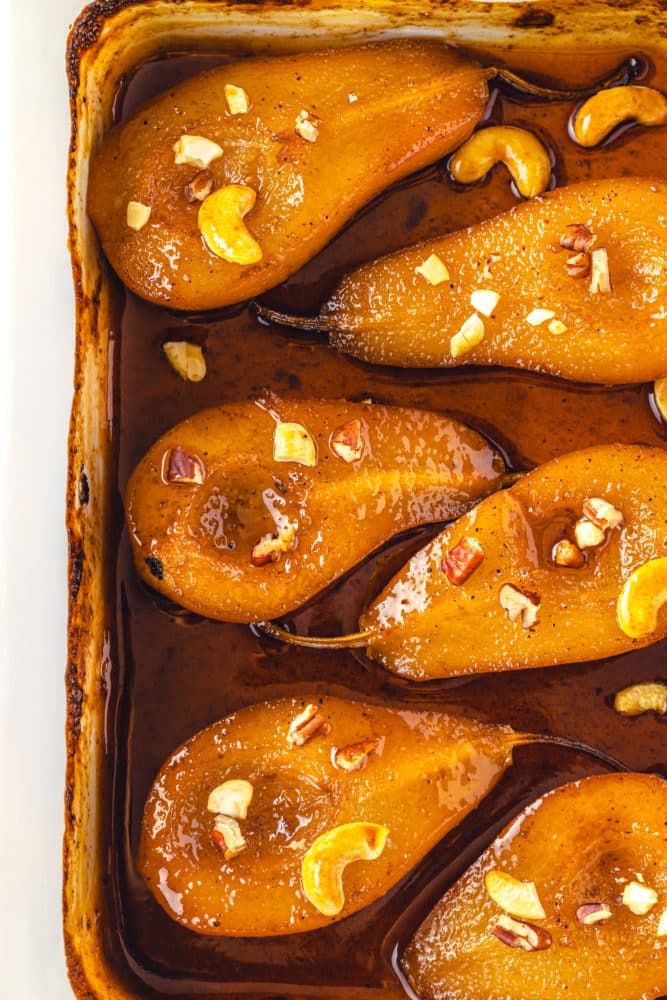 close up of baked pears.