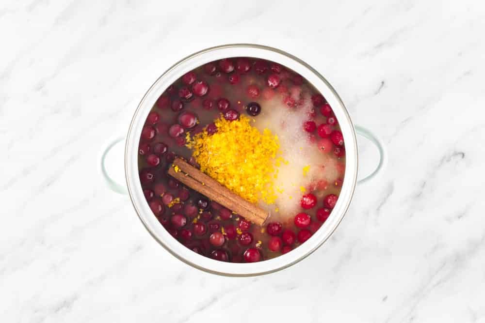 cranberries water orange zest and a cinnamon stick in water in a pot.