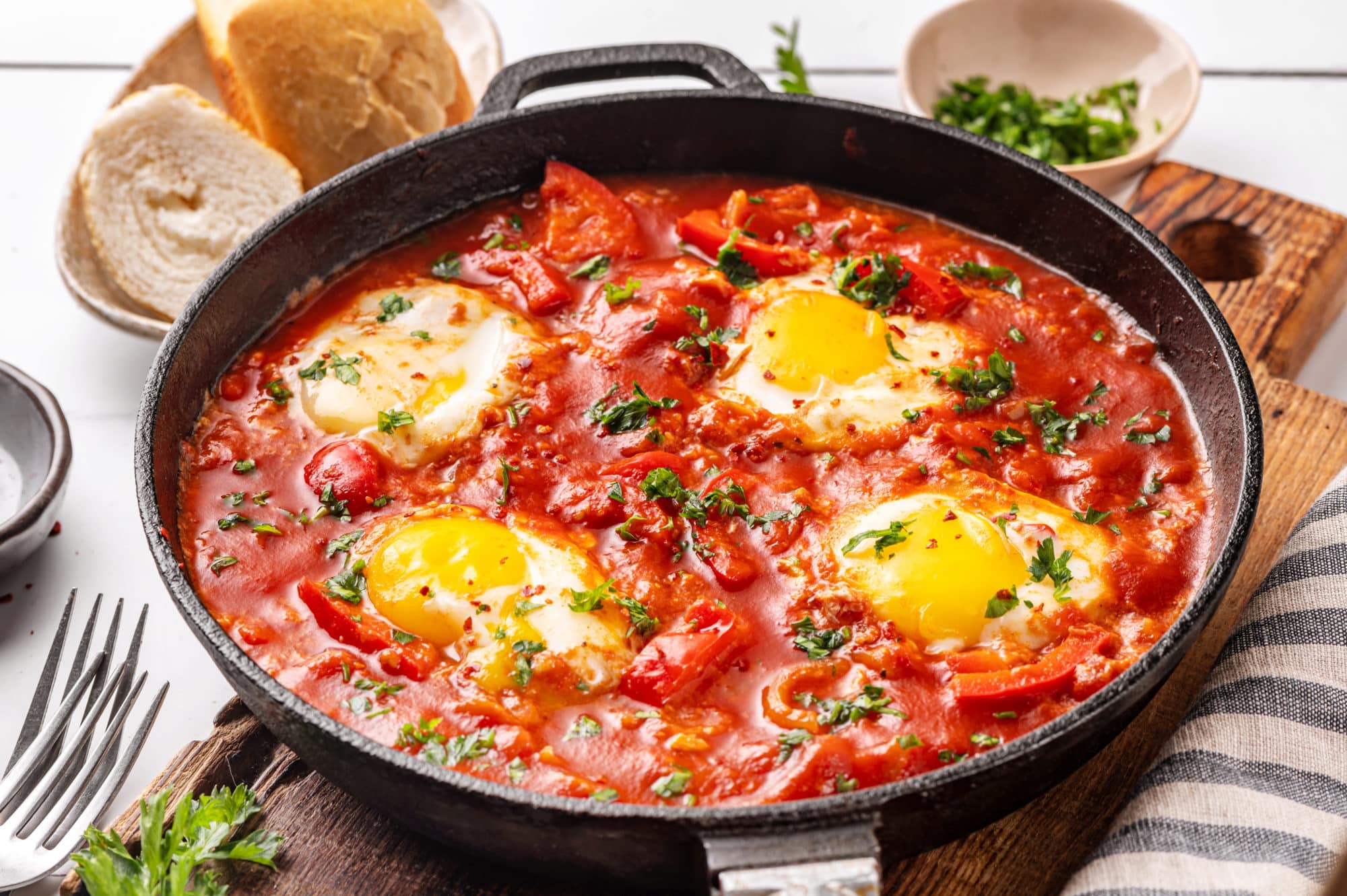 a shakshuka skillet on a wooden board with a bowl of parsley and a bowl of bread pieces in the background and a striped towel on the side.