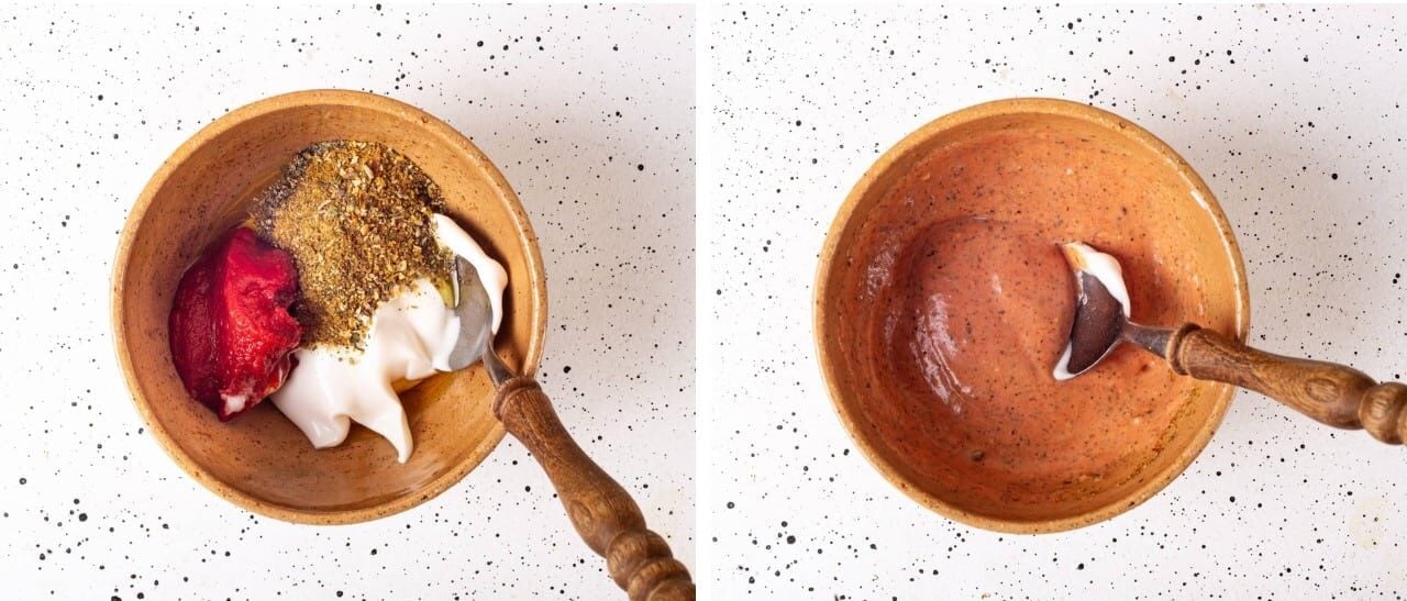 spices and mayonnaise in a brown bowl with a spoon.