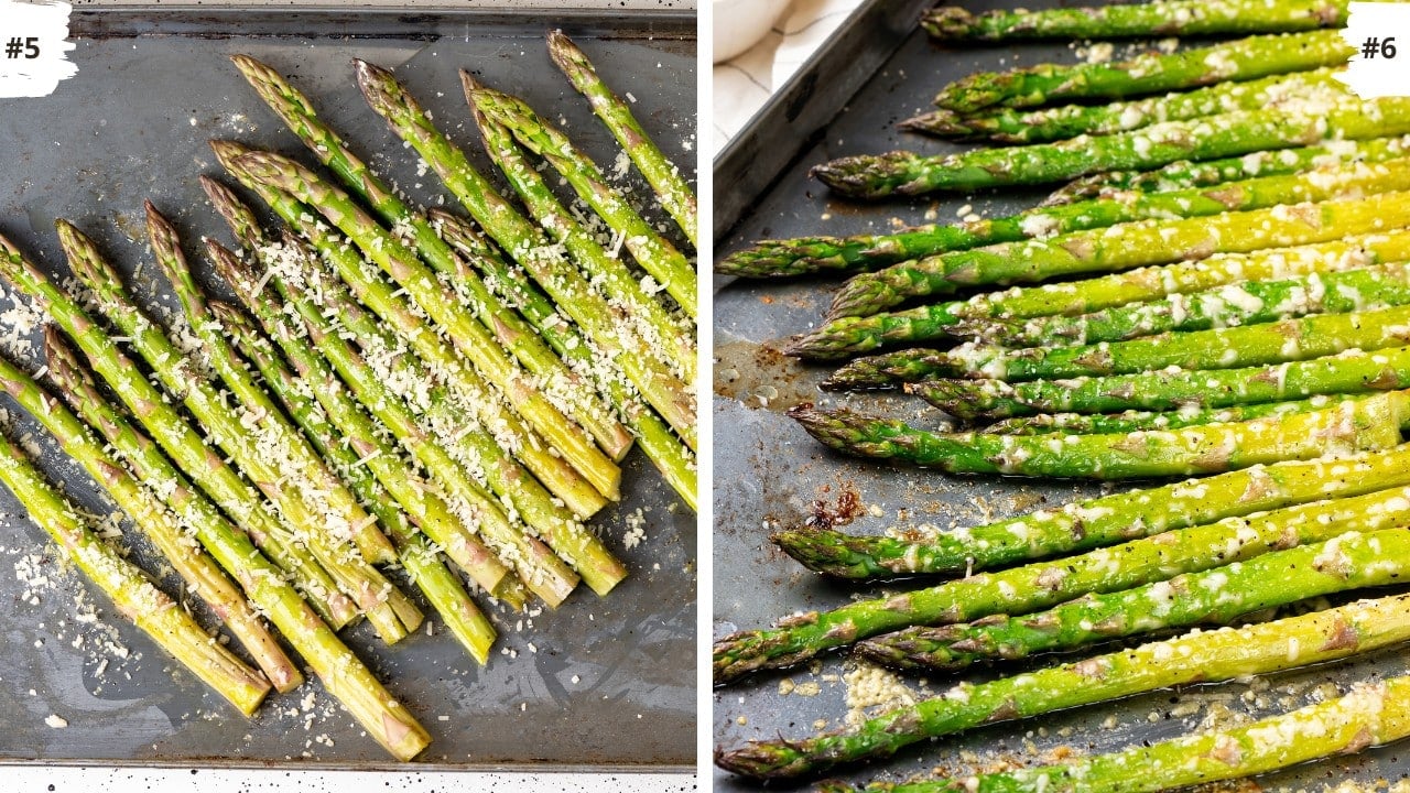 Oven roasted asparagus on a grey baking sheet with grated parmesan cheese and garlic powder. 