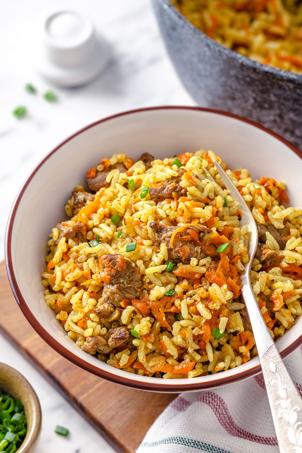 cooked rice and beef pilaf with carrots onion and garlic on a white shallow plate.