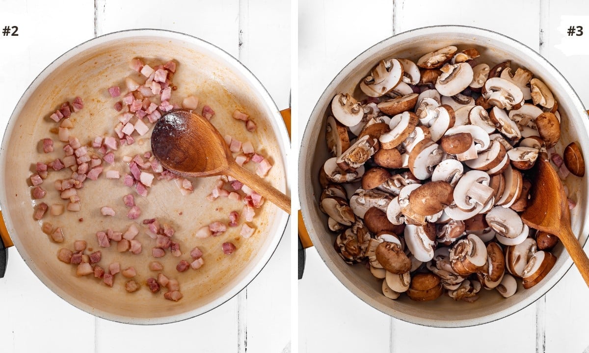 Frying pancetta and mushrooms in a pan with a wooden spoon to mix.