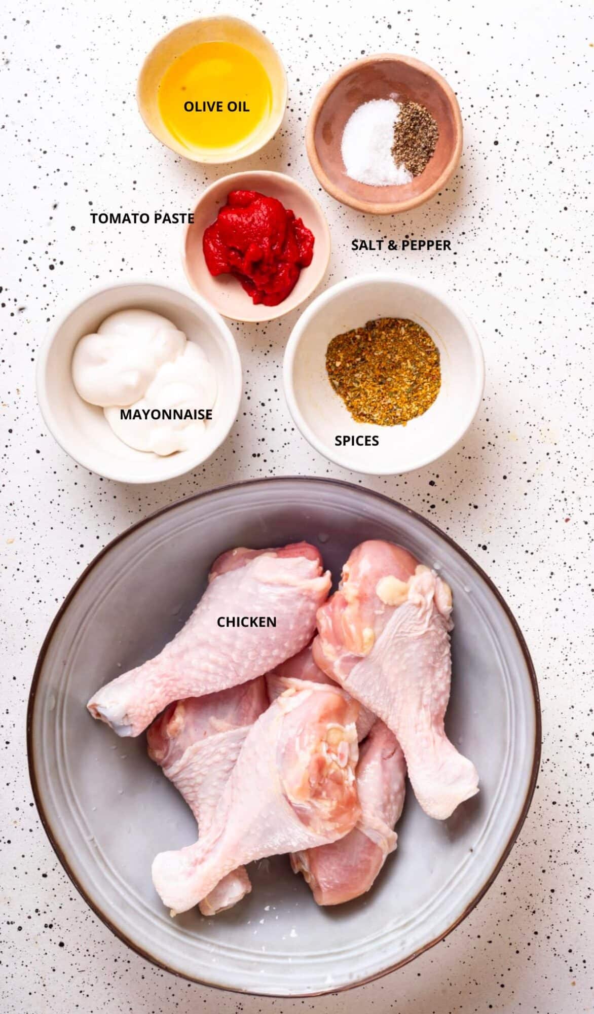 marinated montreal baked chicken recipe ingredients olive oil salt pepper tomato paste mayonnaise spices and chicken.