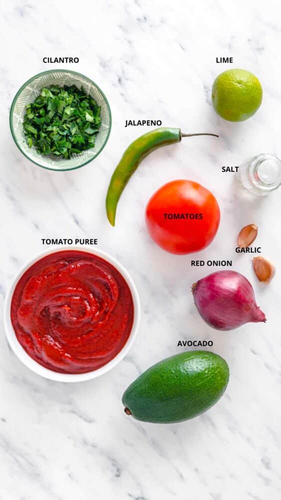 avocado salsa ingredients lime, jalapeno, cilantro, tomato puree, avocado, red onion, tomatoes, salt, and garlic.