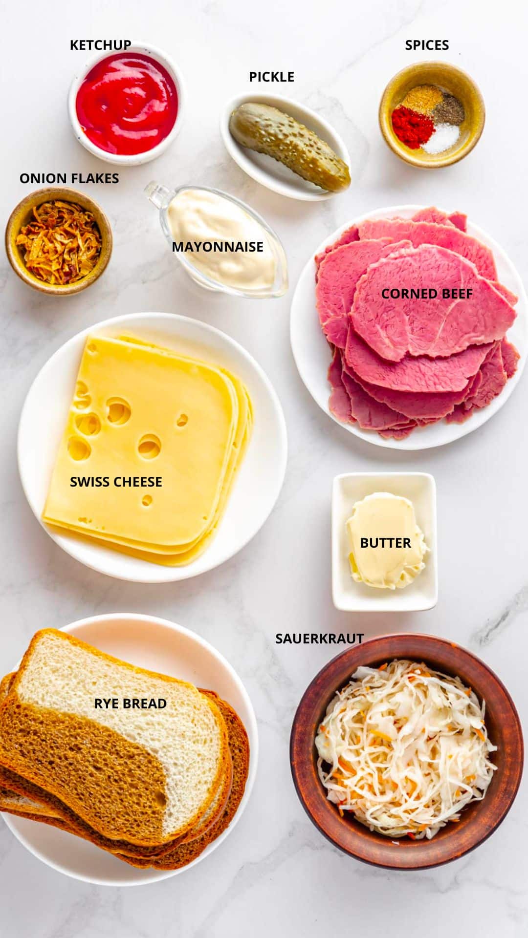 reuben sandwich ingredients ketchup, pickle, spices, onion flakes, mayonnaise, corned beef, butter, sauerkraut, swiss cheese, and rye bread.