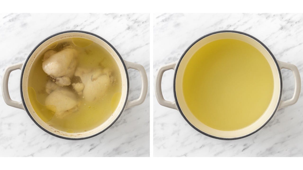 boiled chicken thighs in a large cast iron white soup pot. 