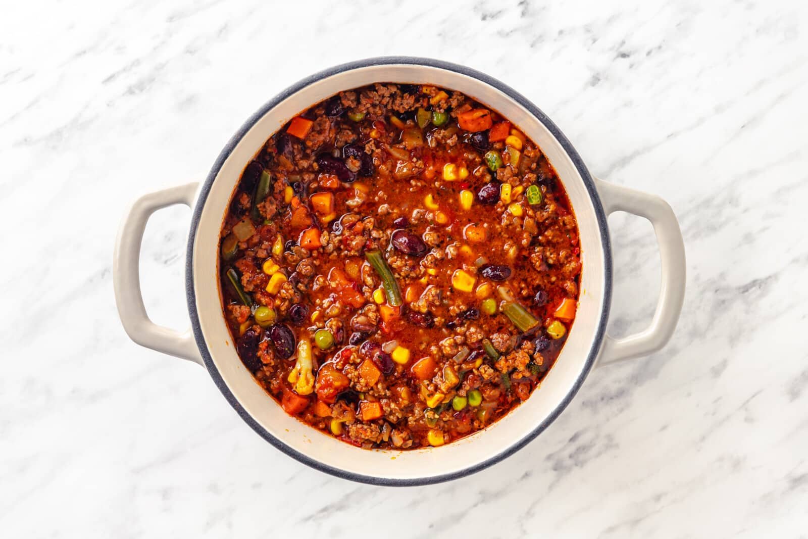 Quick One Pot Chili with Taco Seasoning ready chili with beef and vegetables in a soup pot.