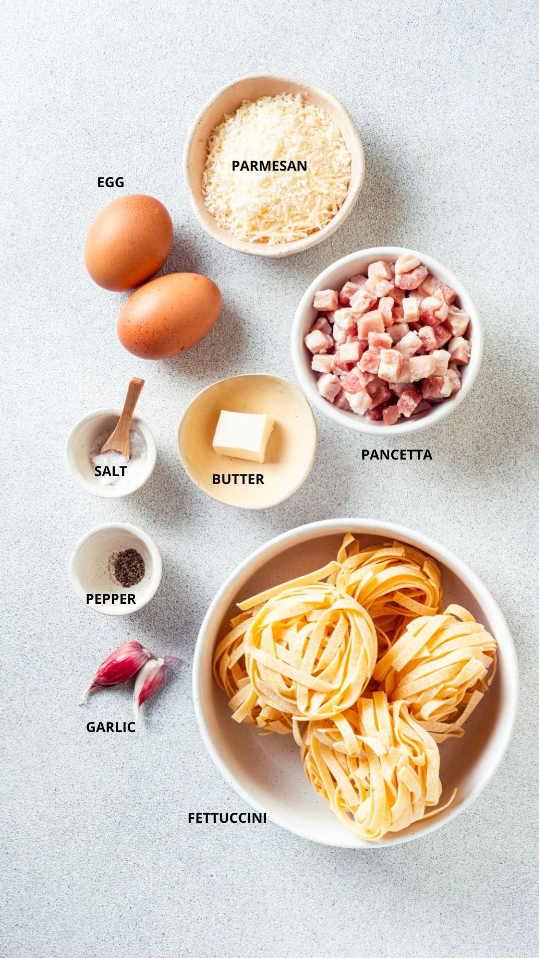 Pasta Carbonara with pancetta ingredients- Pasta, eggs, salt, pepper, butter, pancetta, parmesan, and garlic.