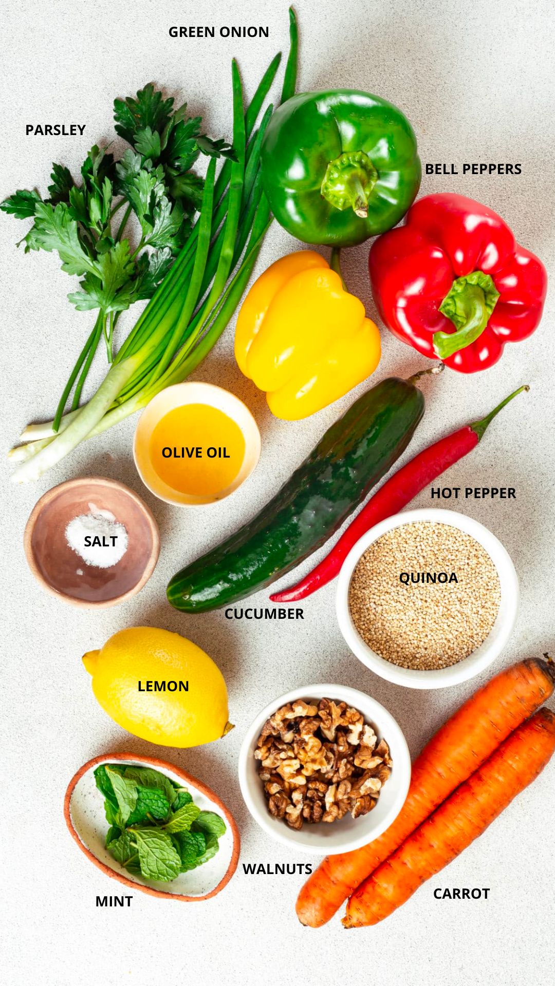 quinoa salad ingredients- green onion, parsley, bell peppers, hot pepper, cucumber, quinoa, salt, olive oil, lemon, mint, walnuts, and carrot.