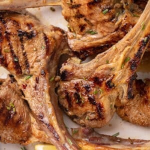 close up lamb chops grilled on a white plate with a lemon wedge and chopped rosemary.