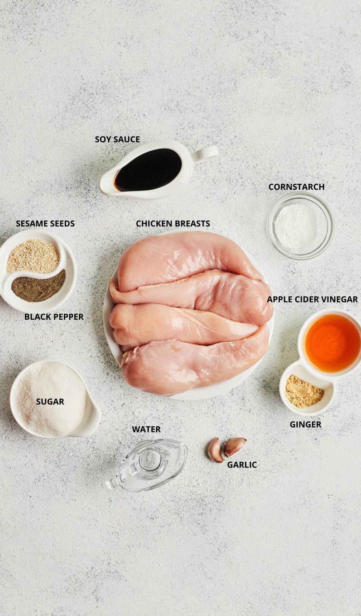 Teriyaki chicken recipe ingredients- soy sauce, cornstarch, chicken breasts, sesame seeds, black pepper, water, garlic, apple cider vinegar, sugar, and ginger.