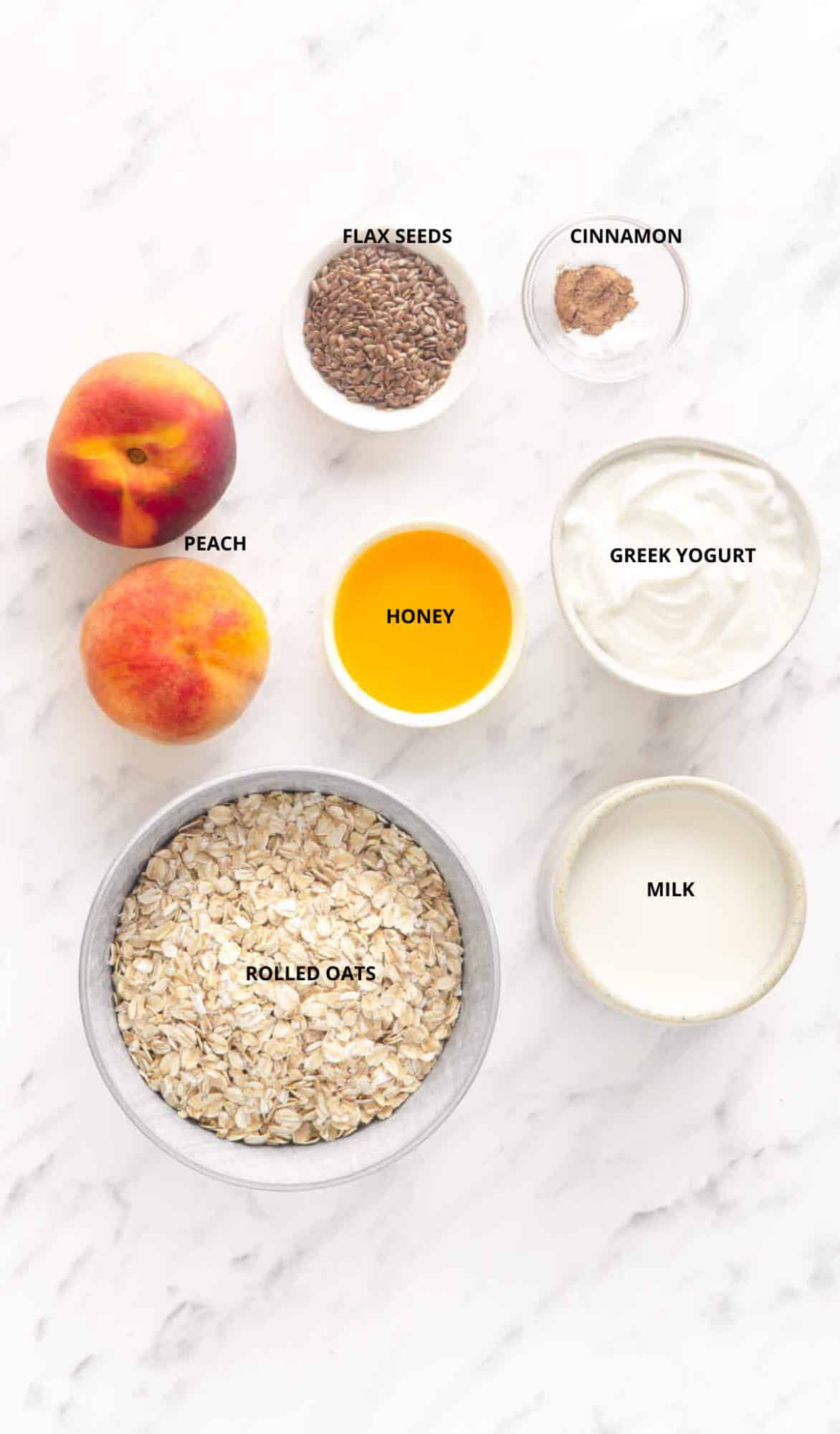 ingredients for rolled oats with yogurt, peach, cinnamon and flax seeds.