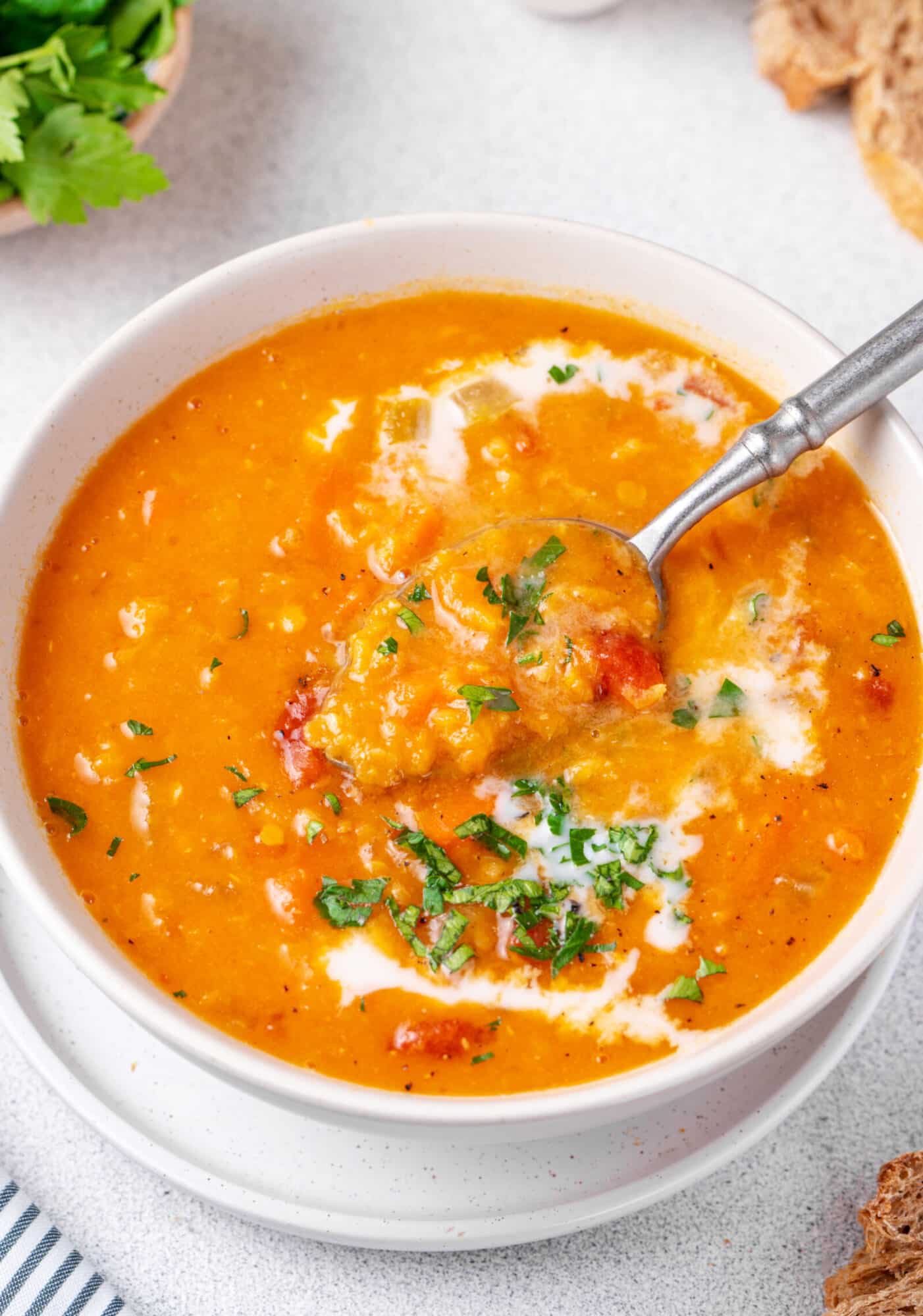 red lentil soup cooked with vegetables. 