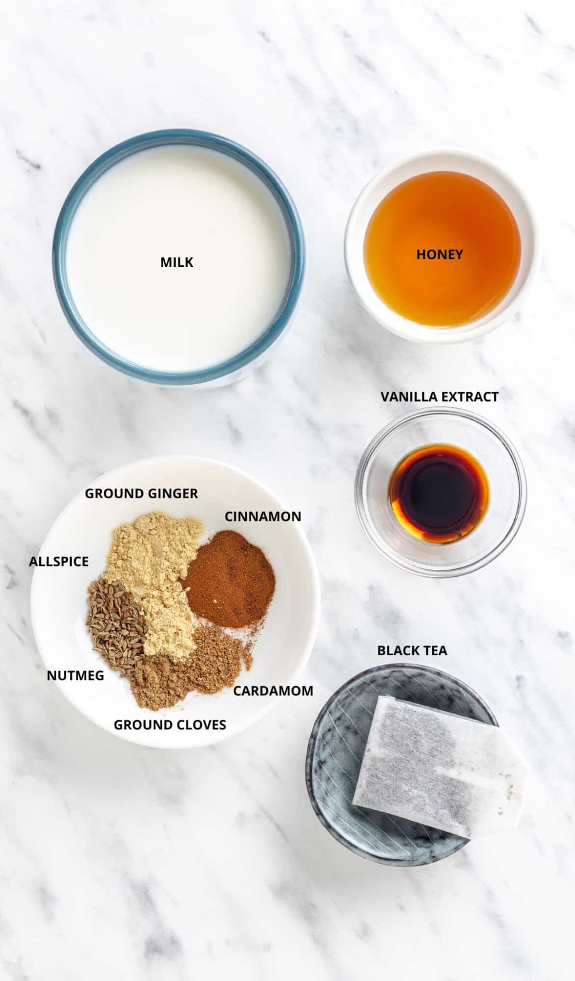 Chai Tea Latte with Warm Spices Chai Tea Latte ingredients with labels.