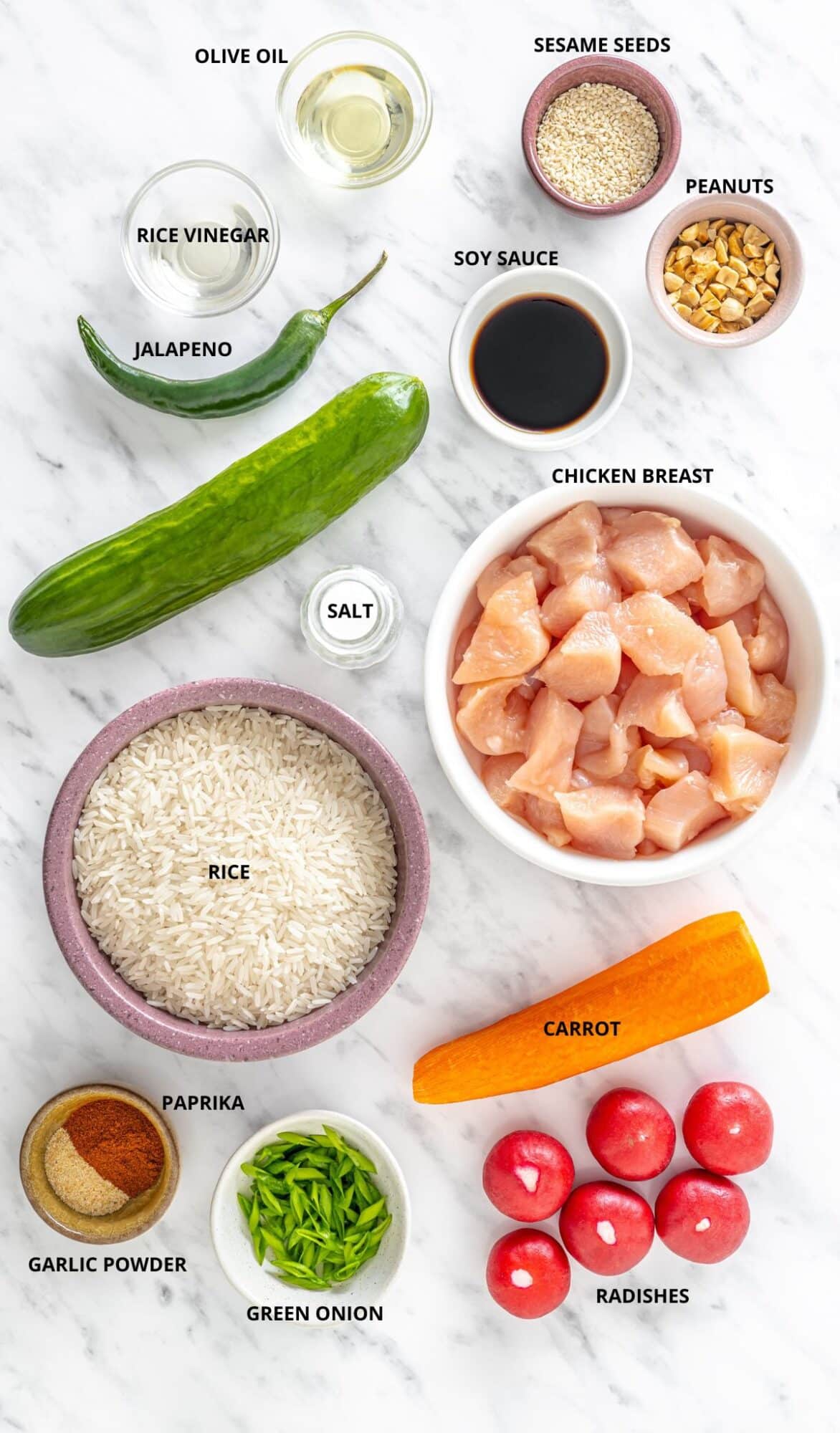 Easy Chicken Rice Bowls with Fresh Veggies Chicken rice bowl ingredients with labels.