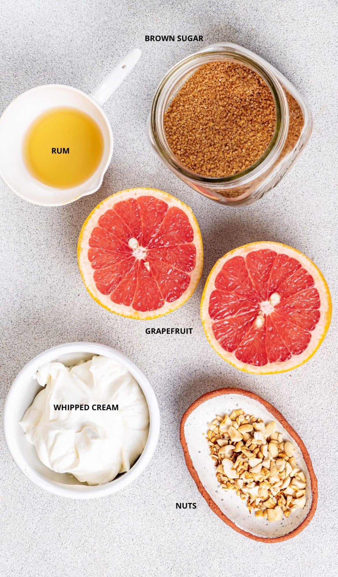 Grapefruit brûlée ingredients with labels.